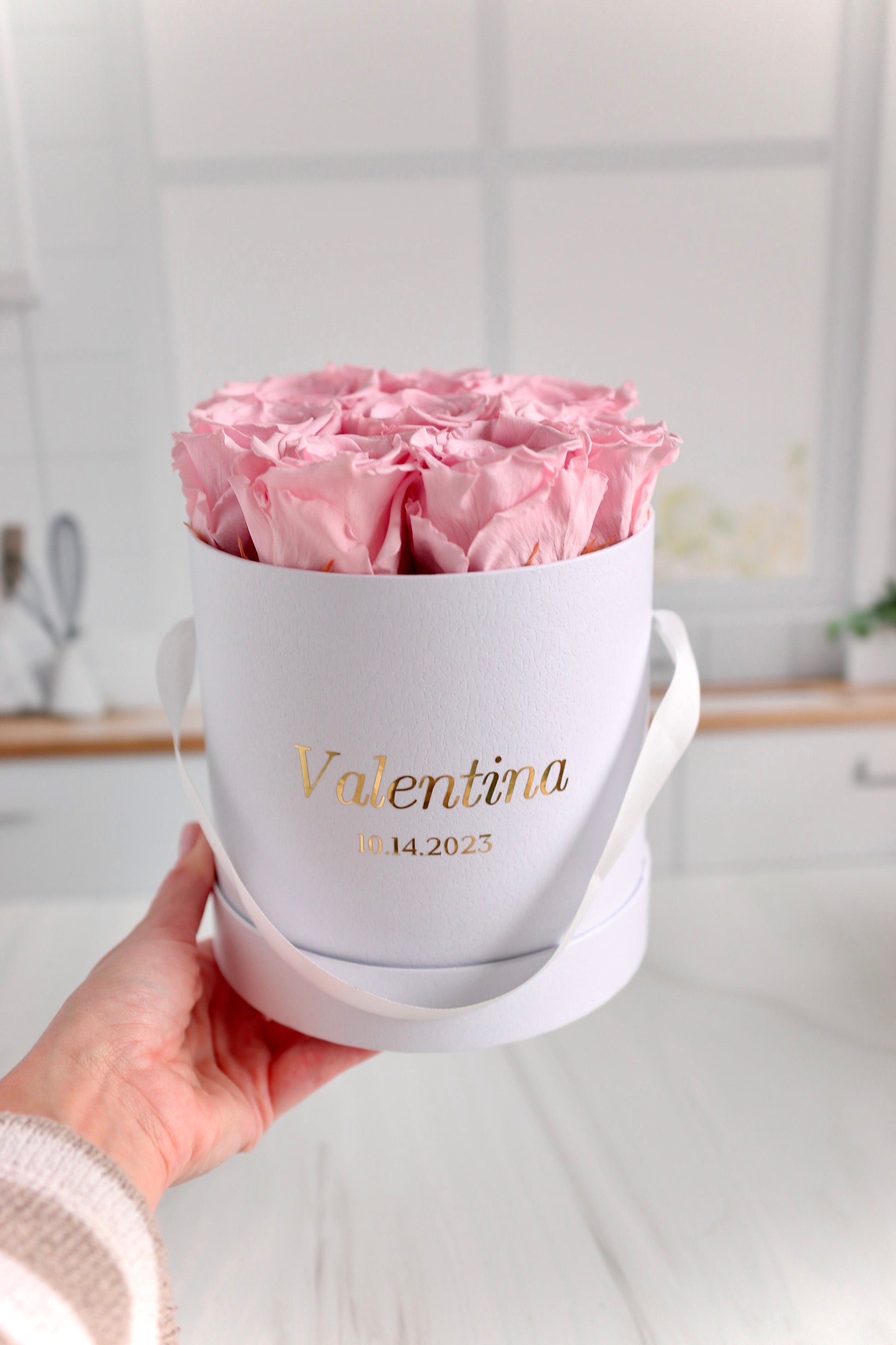 personalized round box with long lasting pink roses